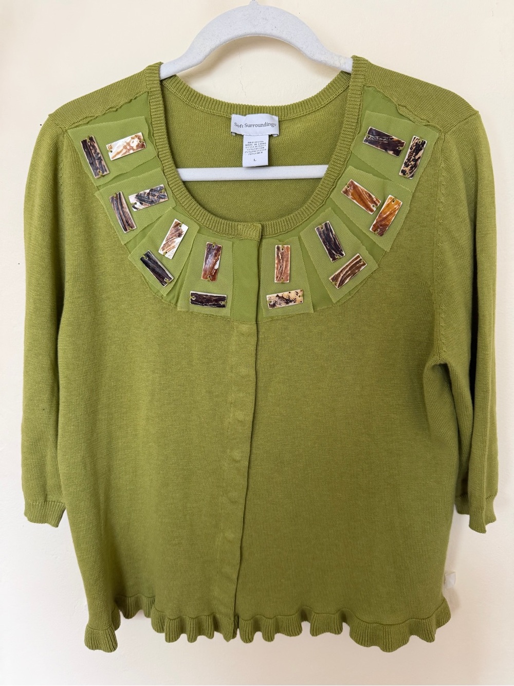 Soft Surroundings Olive Green Beaded Embellished Scoop-Neck Sweater